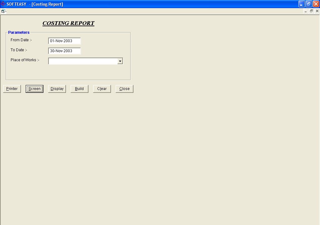 Costing Selection Screen of Interior Decorator Software