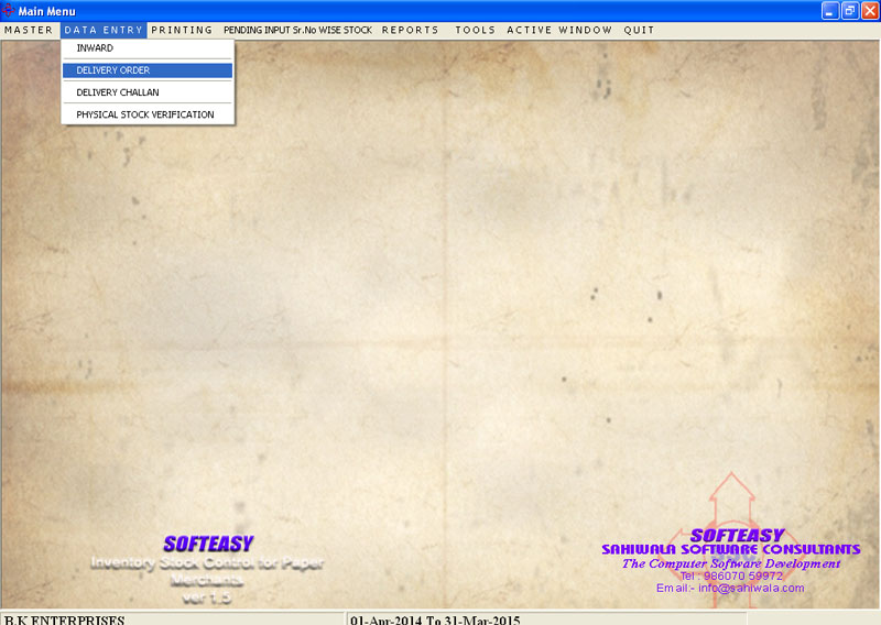 Main Menu of Transactions with Delivery Order Highlighted of Paper Mill Software